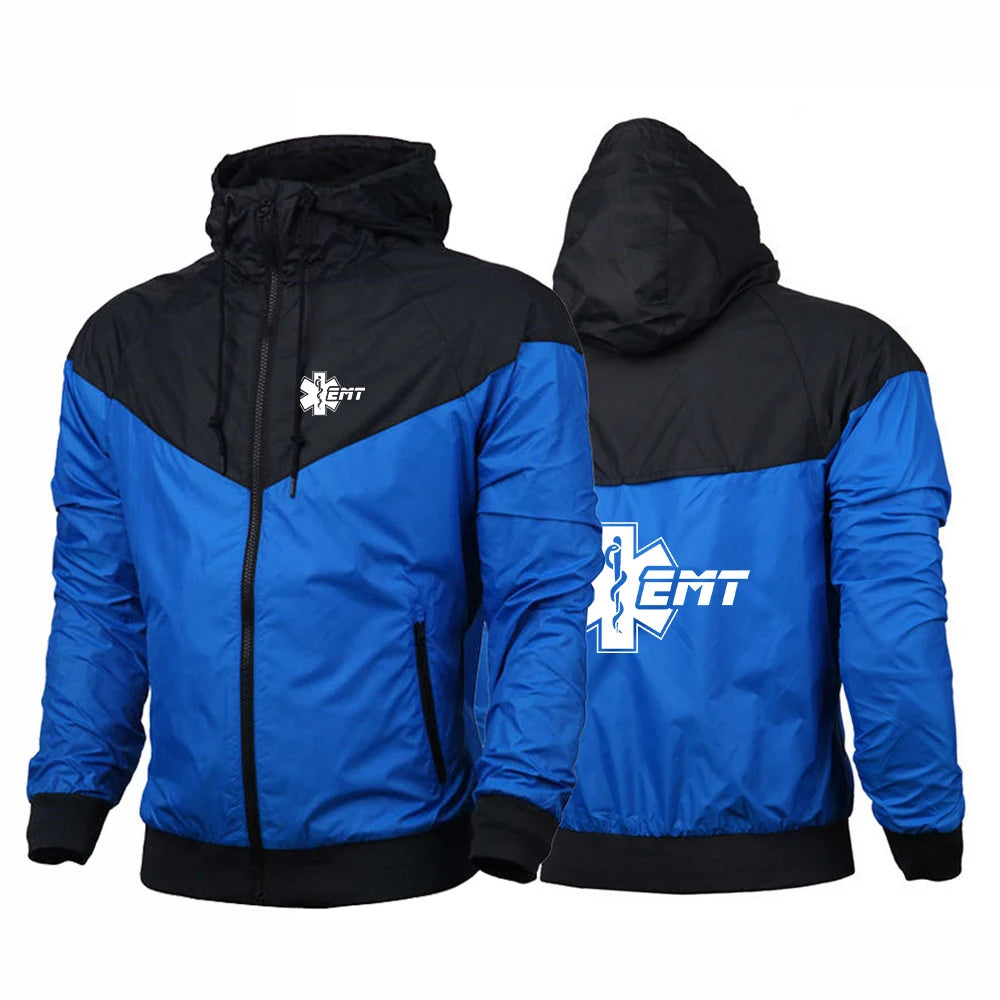 EMT Paramedic Emergency Medical Men's New Patchwork Hoodies Print Windproof Waterproof Sports Casual Windbreaker Jacket Top