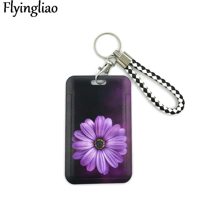 Purple Flowers Cute Card Cover Clip Lanyard Retractable Student Nurse Badge Reel Clip Cartoon ID Card Holder