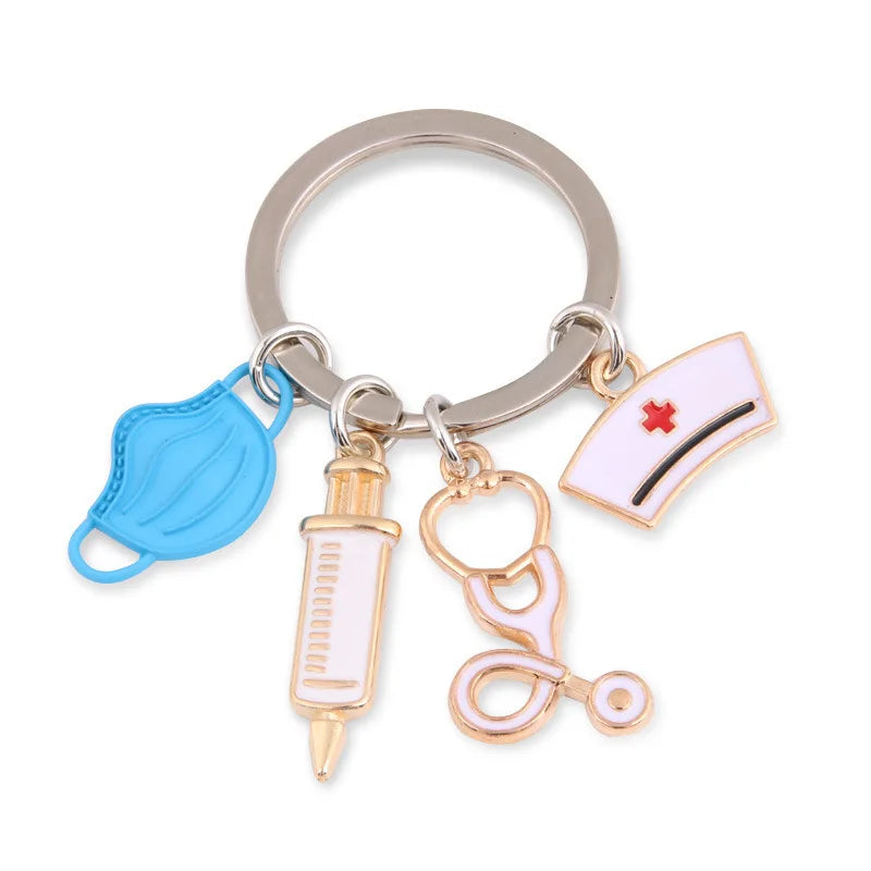 Medical Tool Doctor Keychain Heartbeat Stethoscope Syringe Nurse Cap Key Ring Nurse Gifts Handmade Jewelry Bag Ornaments Charm