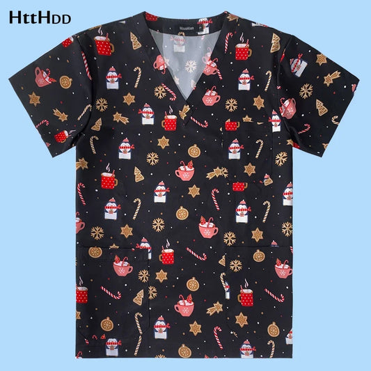 Beautician Workear Unisex cartoon print breathable scrub tops lab uniform scrub shirt lady men dustproof work uniform Christmas