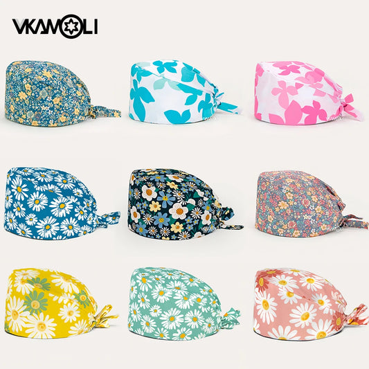 women's Cotton scrubs caps weat-absorbent Elastic Section pet grooming nursing work hats lab Flower print scrub hat Wholesale