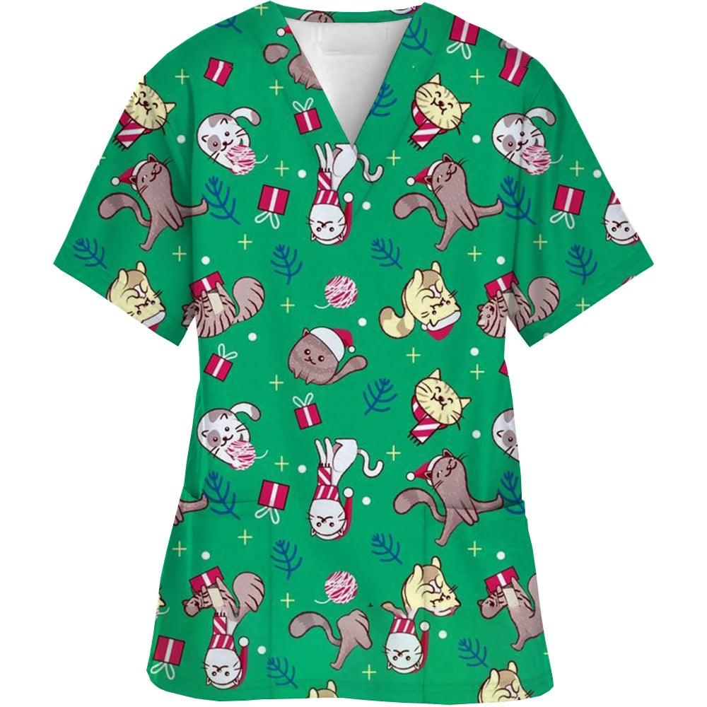 Christmas Scrubs Medical Uniforms Woman Santa Print Nurse Tops Pet Groom Uniform Short Sleeve Carer Clothes Форма Медсестры