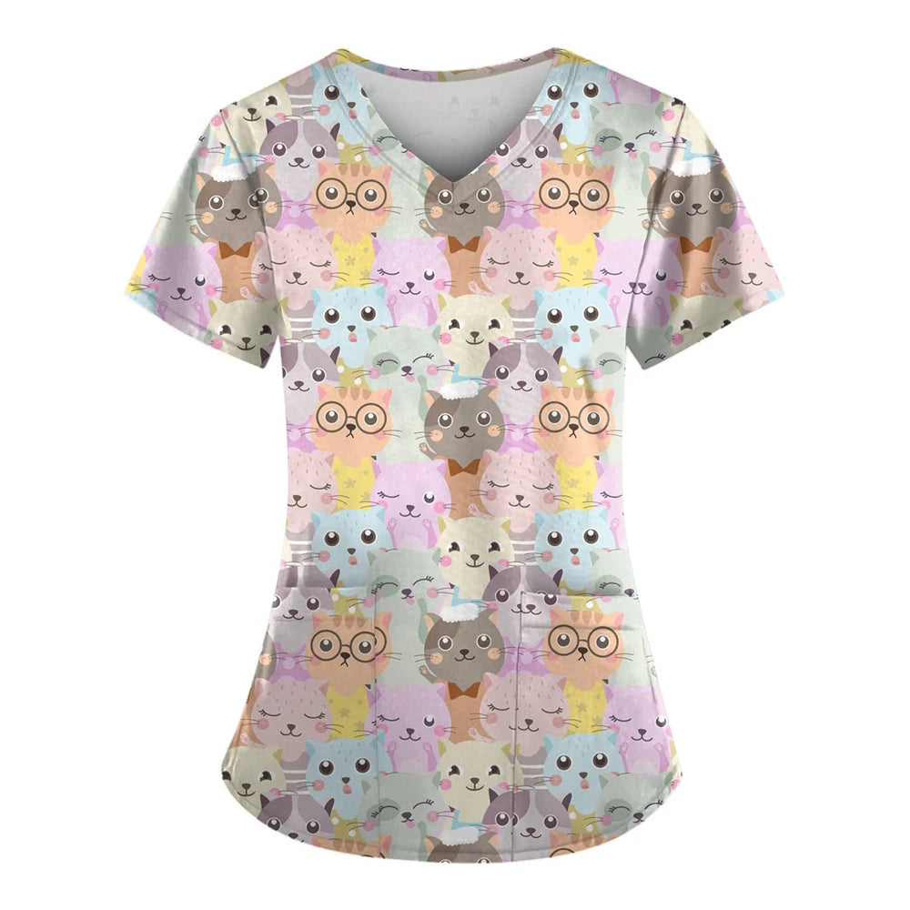 Clinical Uniform Woman Cute Cat Print Dental Nursing Tops V-Neck Short Sleeve with Pocket Tees Health Care Medical Scrubs Women