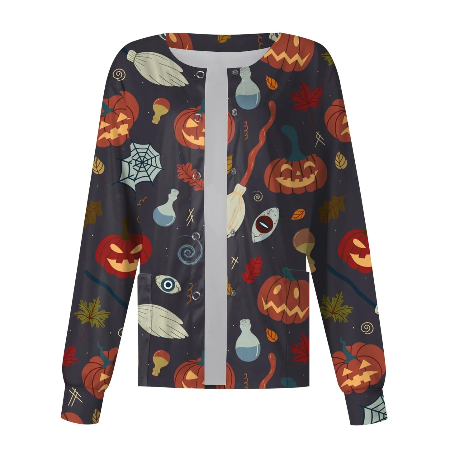 Women'S Single-Breasted Top Halloween Printed Scrub Jacket Nurse Coat Pet Shop Nurse Working Round Neck Cardigan Coat