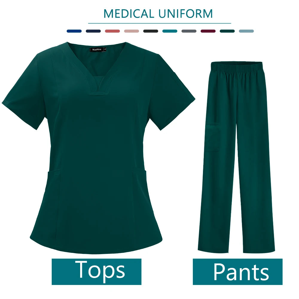 Nurse Medical Uniform High Quality Pet Grooming Care Workwear Set Scrubs Operating Room Surgical Gown Short Sleeve Elastic Pants