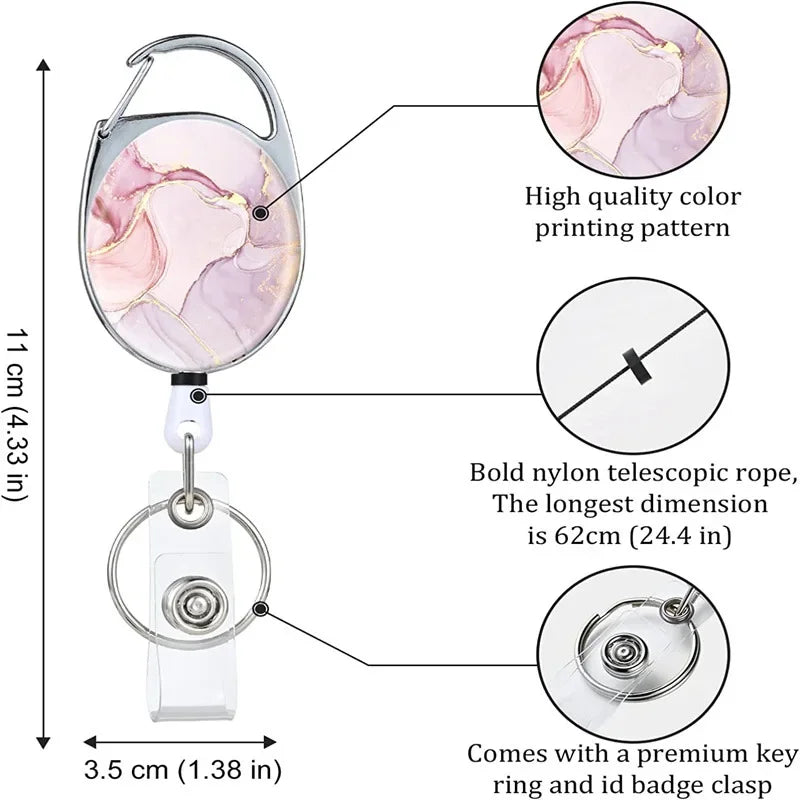1pc Marble Oval Easy Pull Badge Reels Keychain Egg Shaped Portacredencial Nurse Badge Holder Retractable Badge Clip
