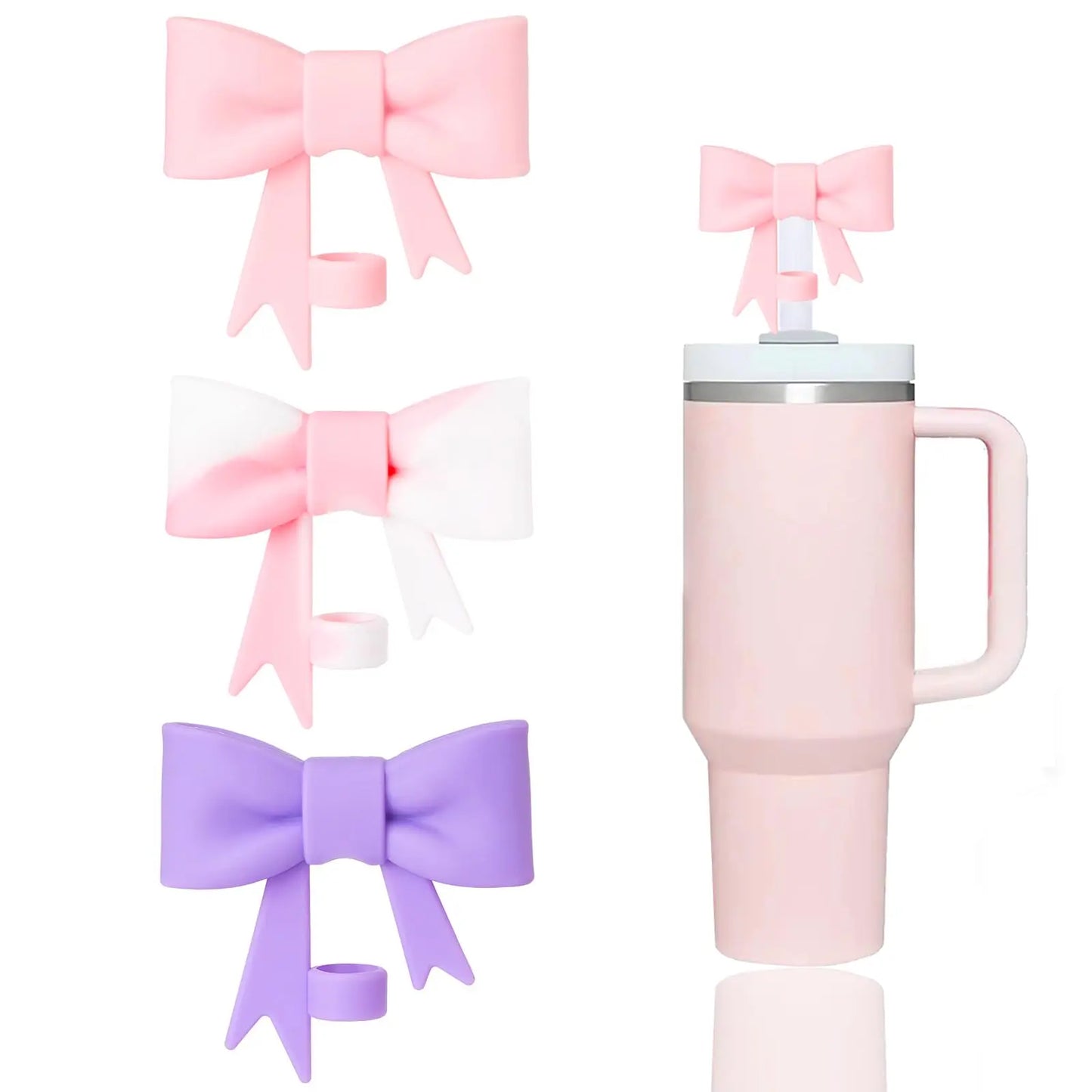 3 Pcs Classic Pink Bow Straw Covers Cap Toppers Compatible with Stanley 30&40 oz Tumbler Cups,Reusable Cute Silicone Straw Tips