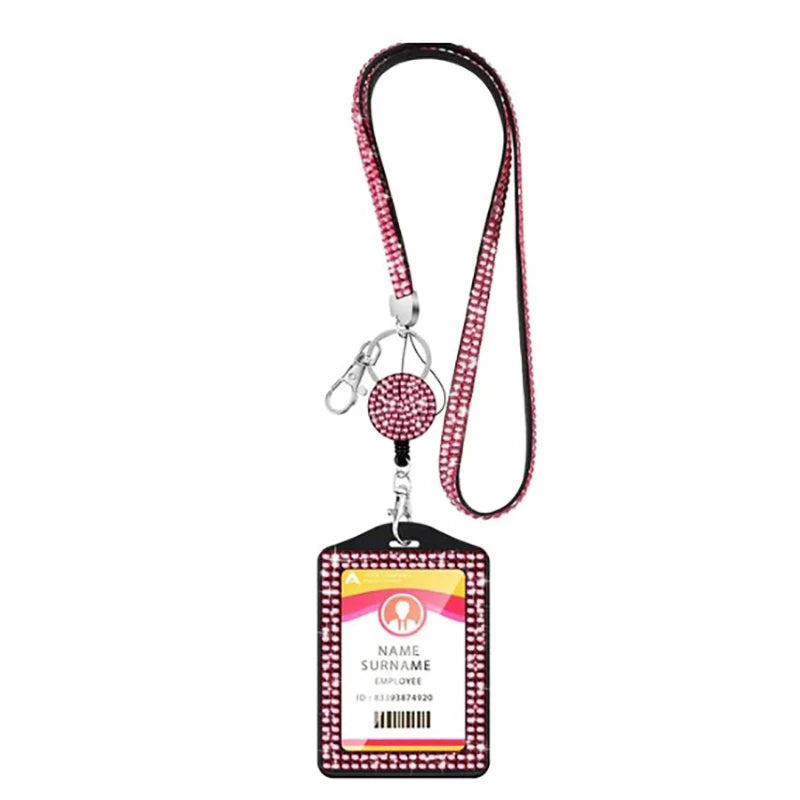 Rhinestone Badge Holder Lanyard Crystal Strap Card Clip Retractable Hanging Rope Horizontal Vertical Style Work ID Card Case New