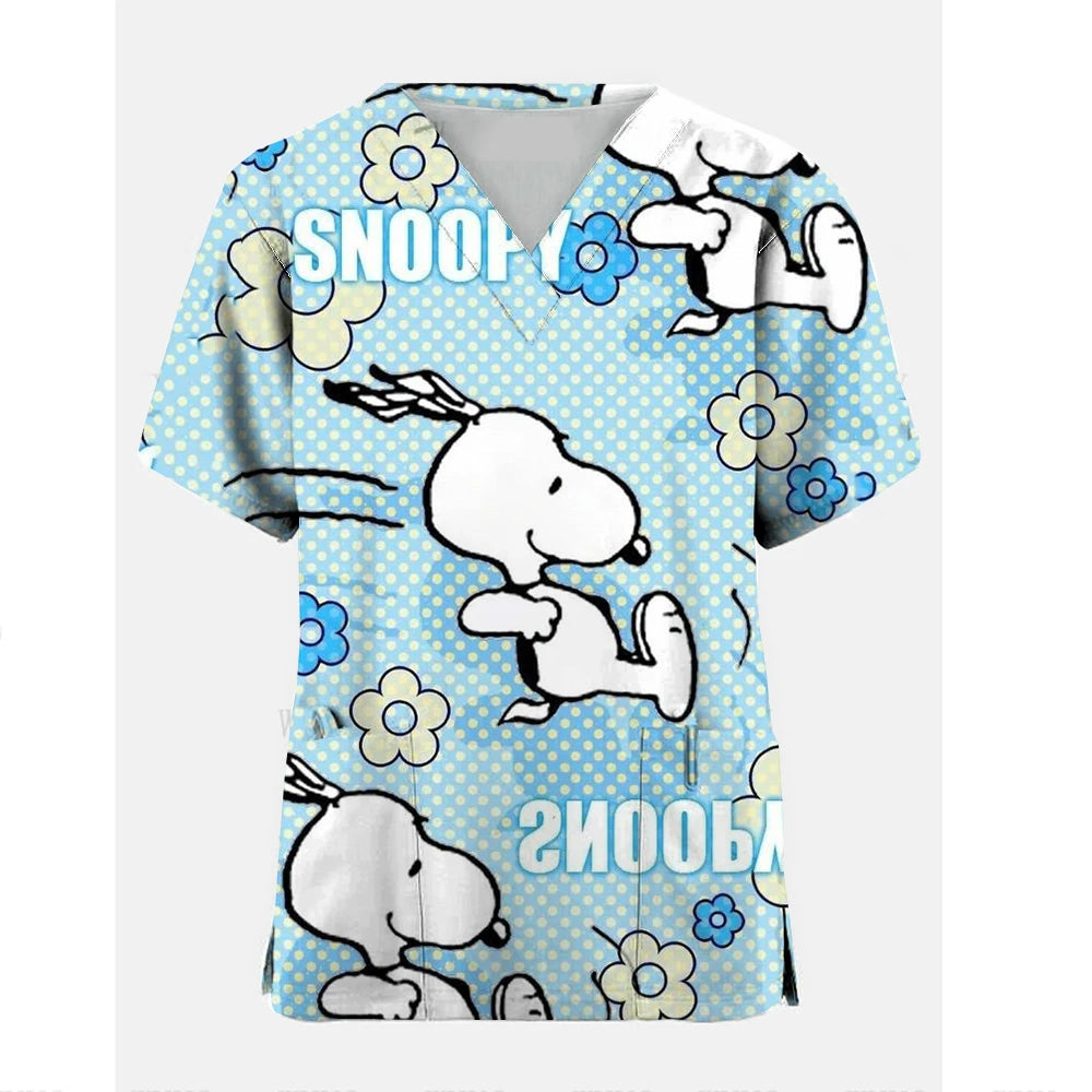 Nurse Uniform Women Short Sleeve Snoopy  print Working Uniform Pocket Blouse Scrubs Tops Nursing Medical Uniforms Accessories