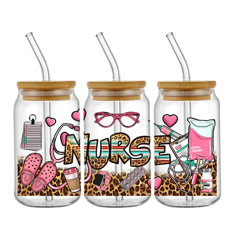 Nurse Cute Cartoon Design Best Seller 3D UV DTF Cup Wrap Transfers Stickers Labels Durable Waterproof Logo 16oz Glass Wrap