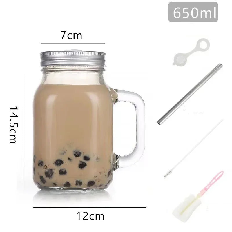 1PC 450/650/750ml Mason Jar Mugs with Handles Glass Bottle Juice Drink Clear Glass Water Bottle With Cover Straw Drinkware Cup