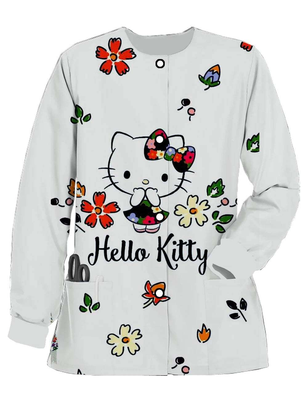 2024 new Hello Kitty printed women's long-sleeved nurse uniform doctor uniform spring and autumn pocket jacket jacket