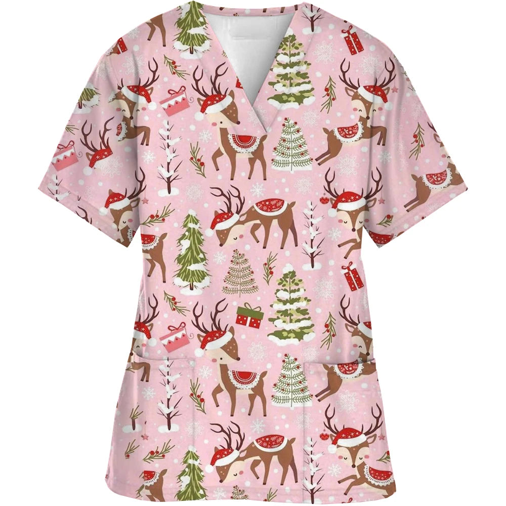 Christmas Scrubs Medical Uniforms Woman Santa Print Nurse Tops Pet Groom Uniform Short Sleeve Carer Clothes Форма Медсестры