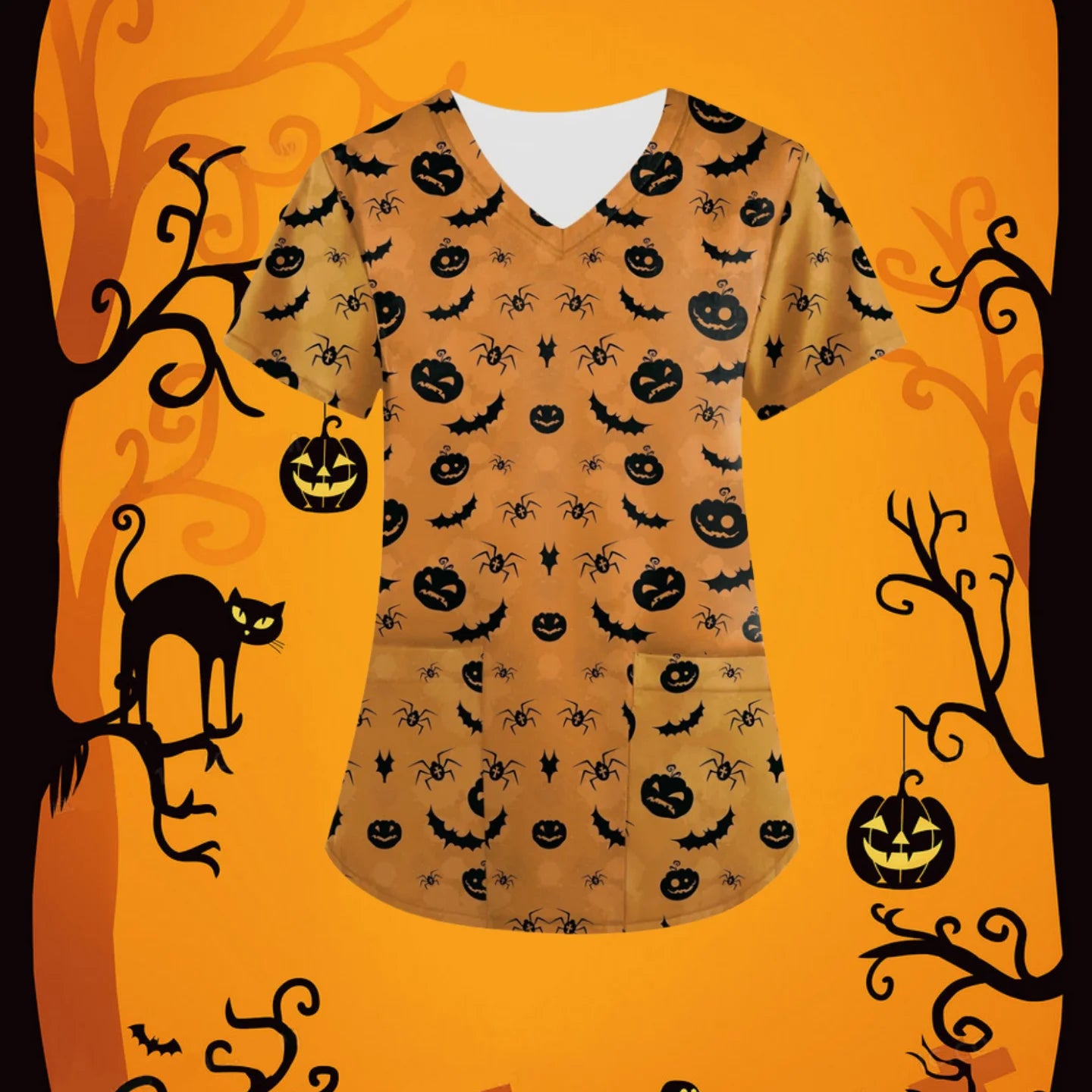 Halloween Scrubs Medical Uniform Scary Pumpkin Head Print Curable Medical Tops V-Neck Short Sleeve with Pocket Medical Clothes