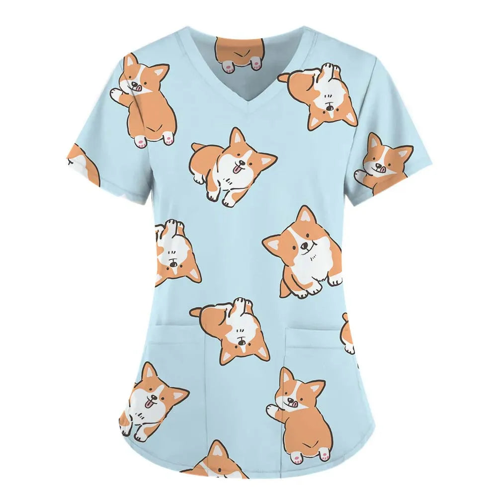 Surgical Uniforms Woman Scrub V-Neck Short Sleeves Tops Women's Medical Uniforms Vet Clinical Uniforms Cute Puppy Cartoon Print