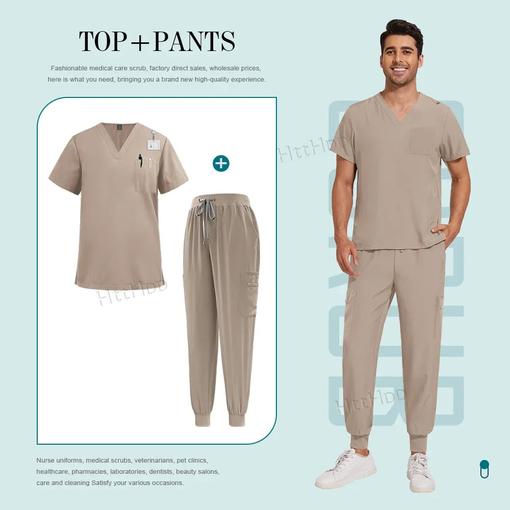 Men Women Unisex Nurse Surgical Scrubs Suits Doctor Medical Hospital Uniform Top Jogger Pants Scrubs Nursing Veterinary Uniforms