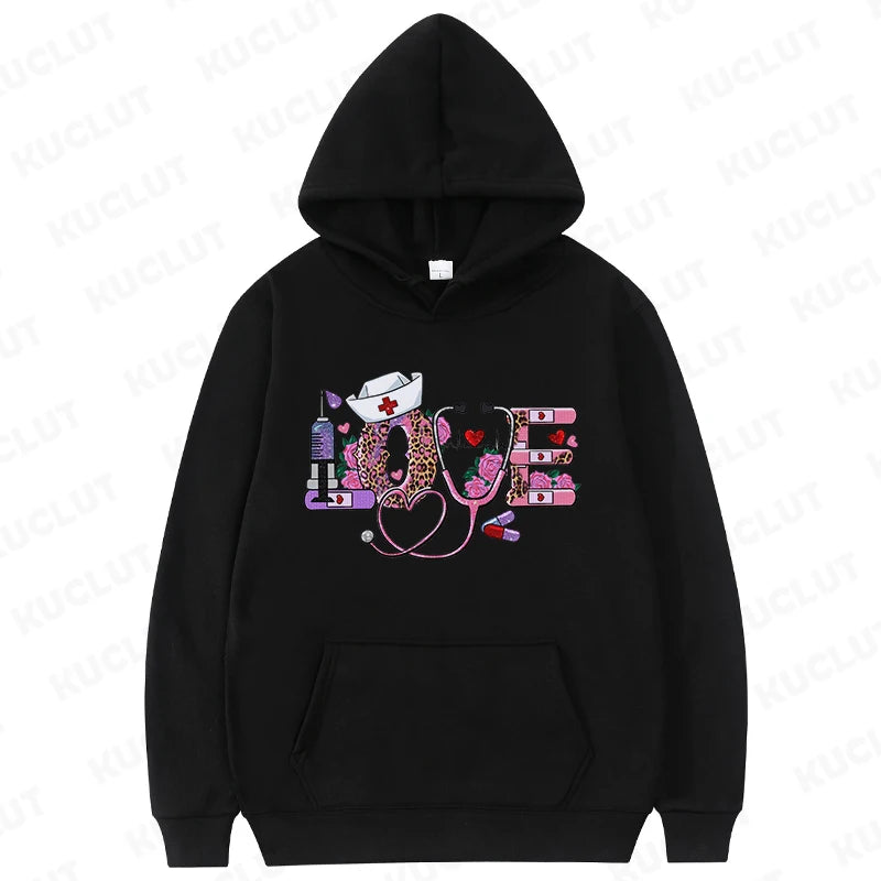 New Women Hoodies Pullover Oversize Valentines Day Love Nurse Print Hoodies Casual Long Sleeve Women Sweatshirts Nurse Gifts