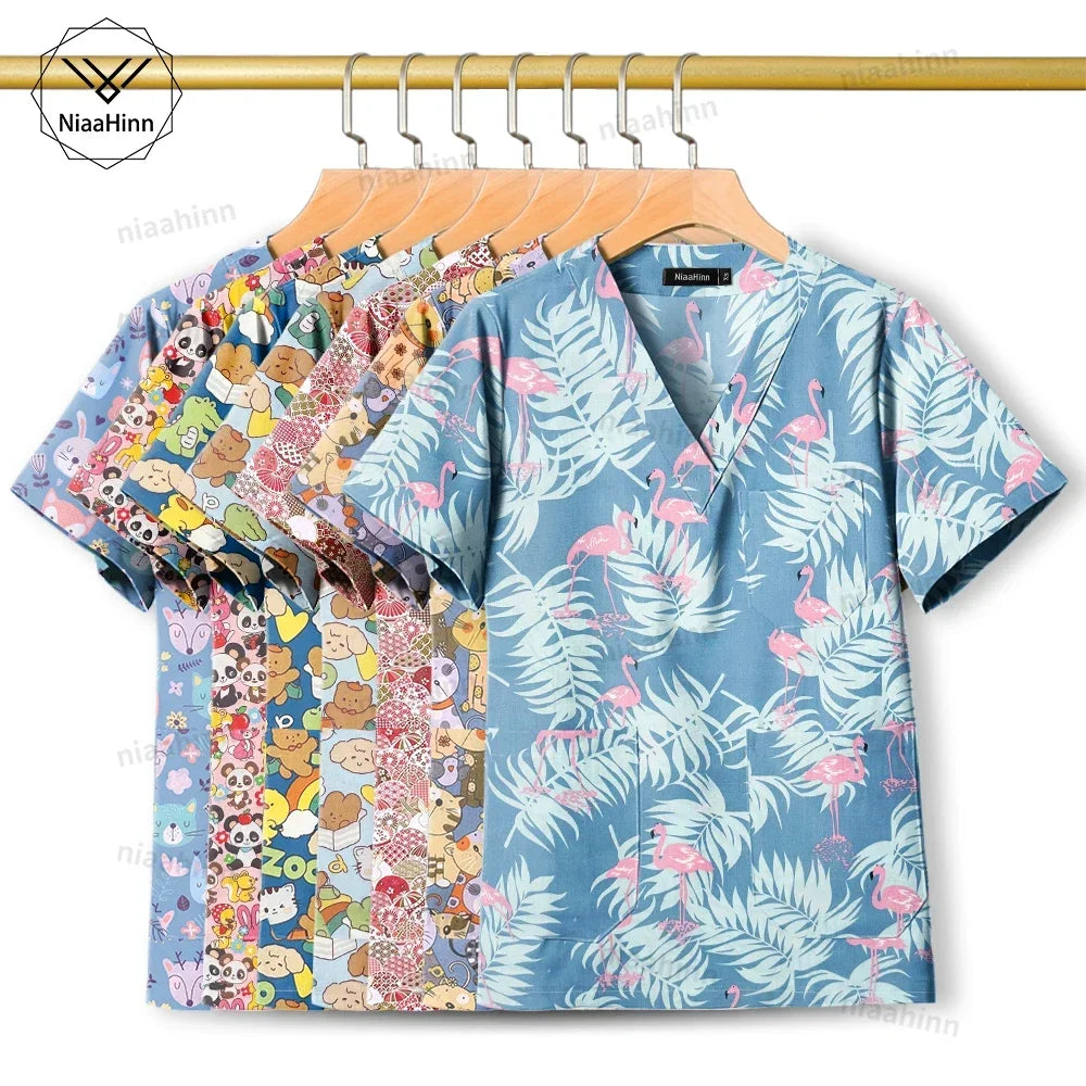 Cotton Printed Medical Uniforms Nurse Accessories for Work Doctor's Surgical Scrub Cartoon Pattern Short Sleeved Shirt Women Men