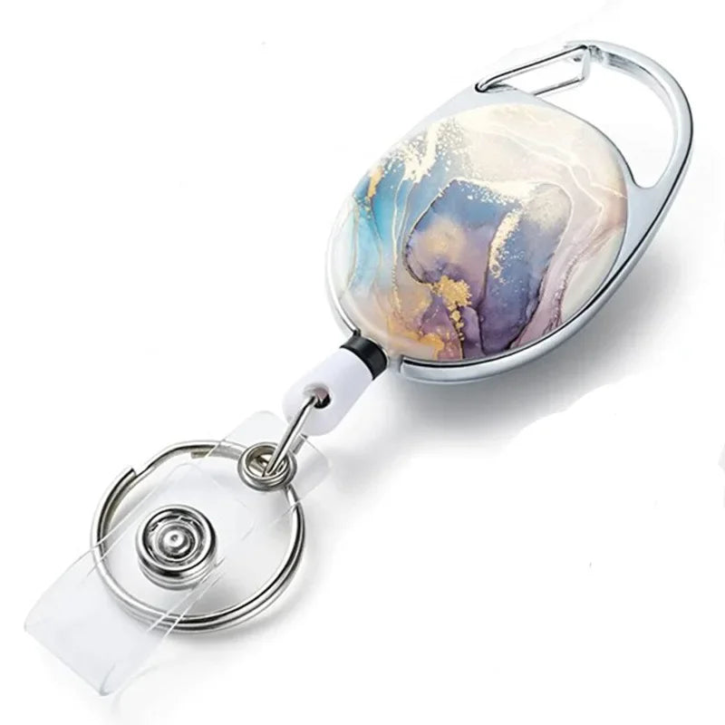 1pc Marble Oval Easy Pull Badge Reels Keychain Egg Shaped Portacredencial Nurse Badge Holder Retractable Badge Clip