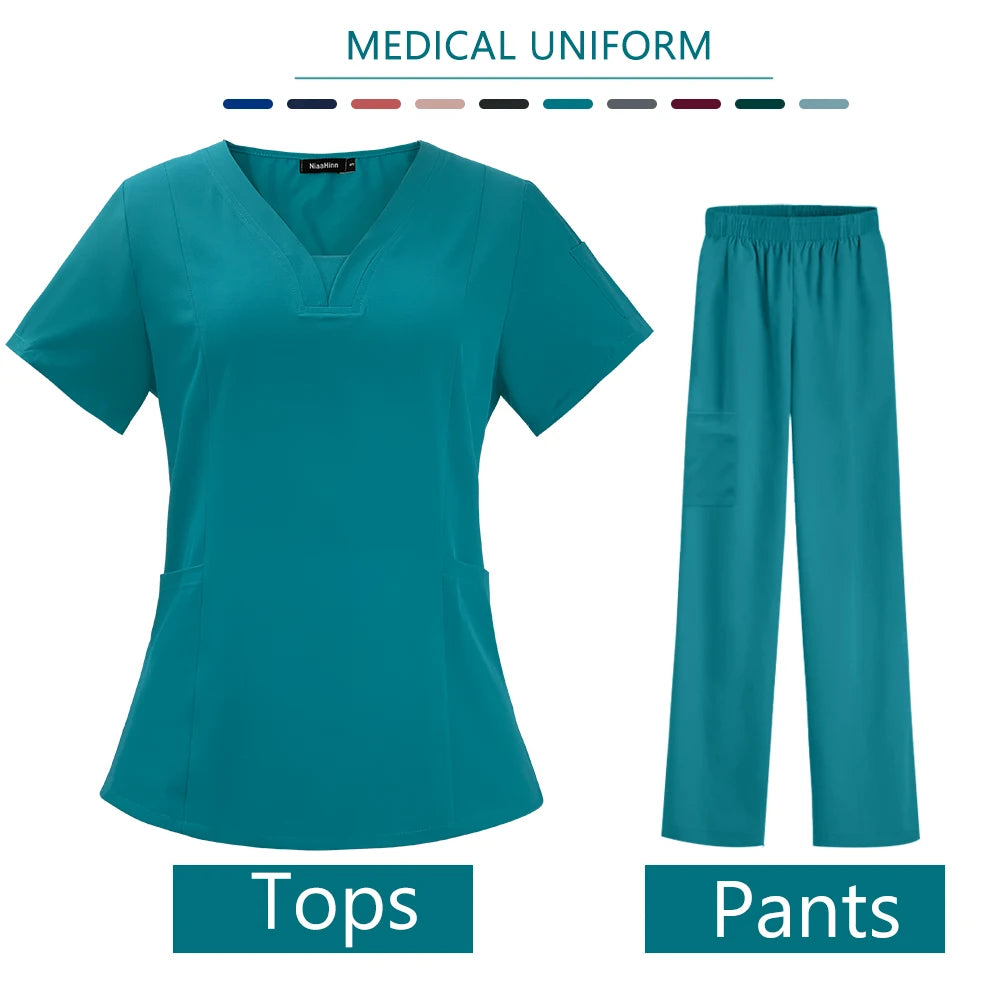 Nurse Medical Uniform High Quality Pet Grooming Care Workwear Set Scrubs Operating Room Surgical Gown Short Sleeve Elastic Pants