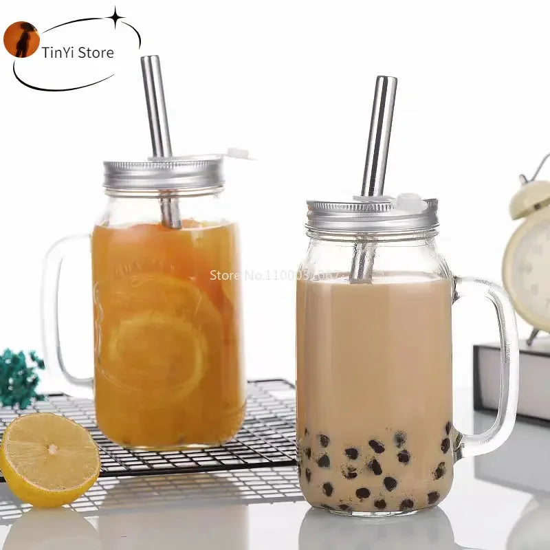 1PC 450/650/750ml Mason Jar Mugs with Handles Glass Bottle Juice Drink Clear Glass Water Bottle With Cover Straw Drinkware Cup