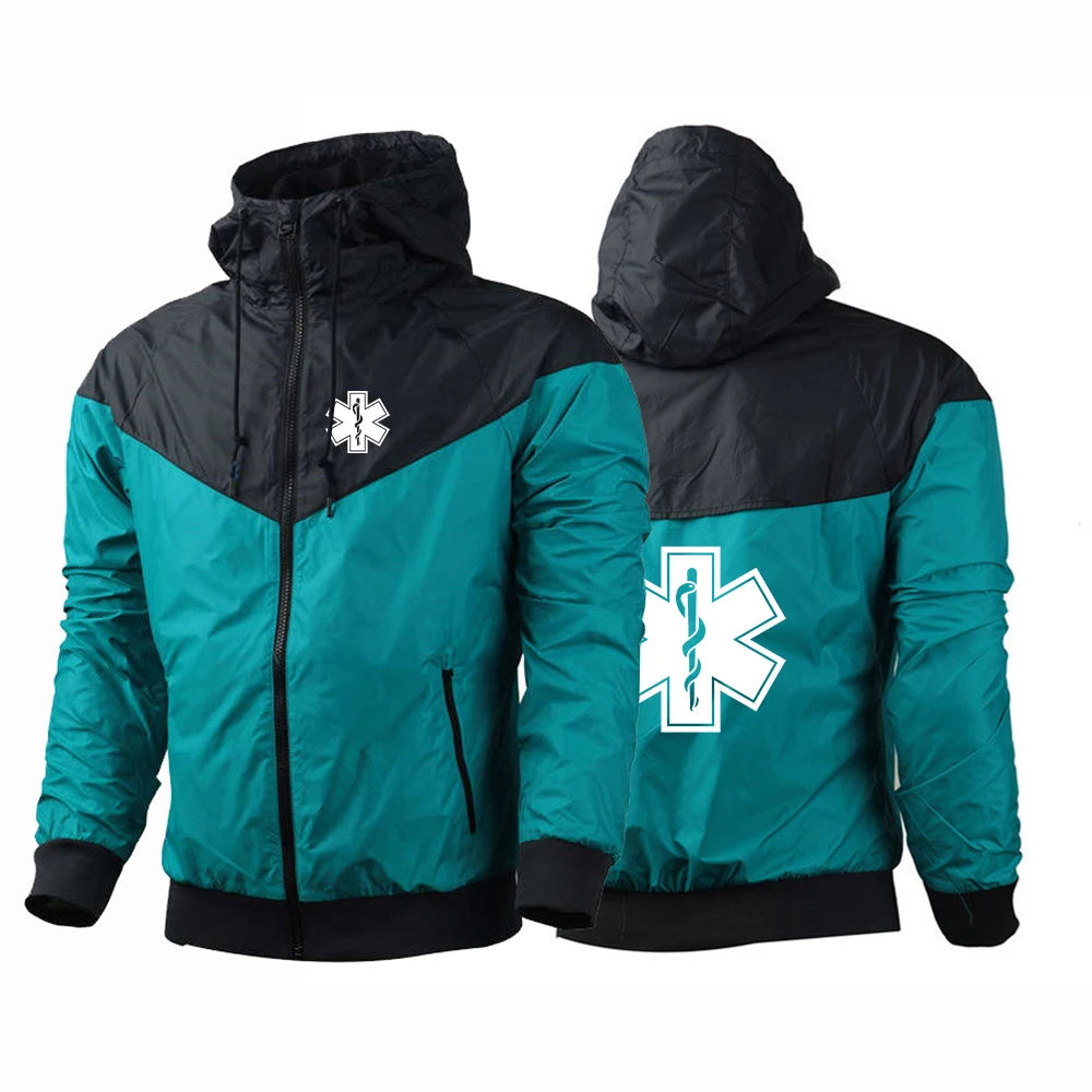 EMT Paramedic Emergency Medical Men's New Patchwork Hoodies Print Windproof Waterproof Sports Casual Windbreaker Jacket Top