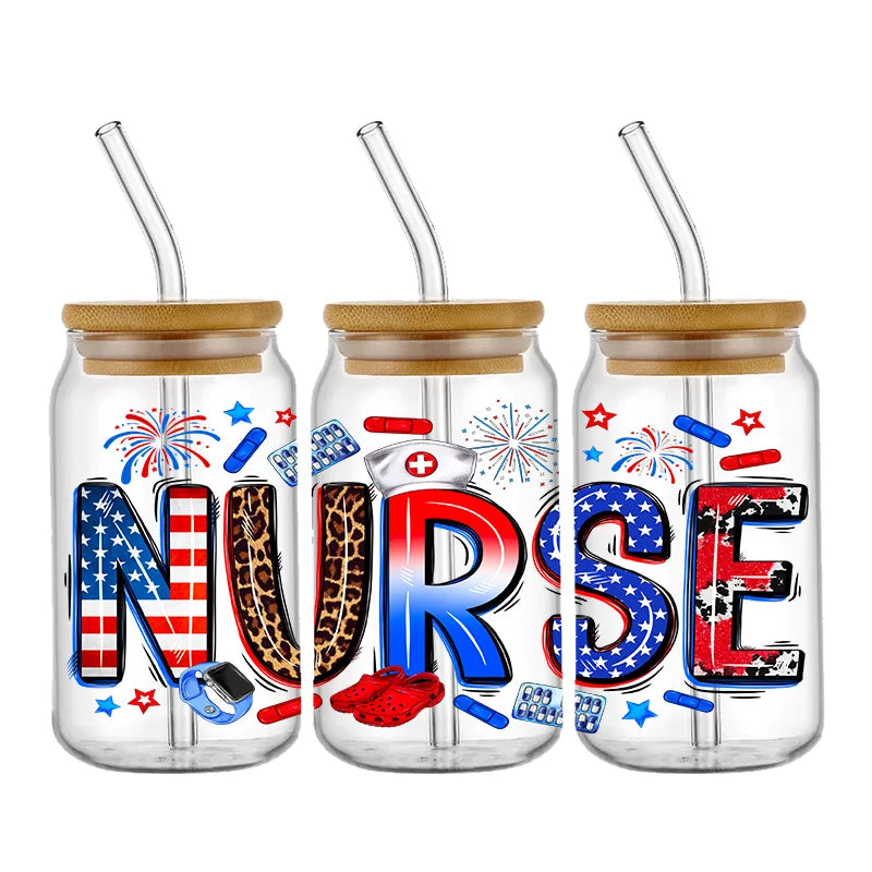 Nurse Cute Cartoon Design Best Seller 3D UV DTF Cup Wrap Transfers Stickers Labels Durable Waterproof Logo 16oz Glass Wrap