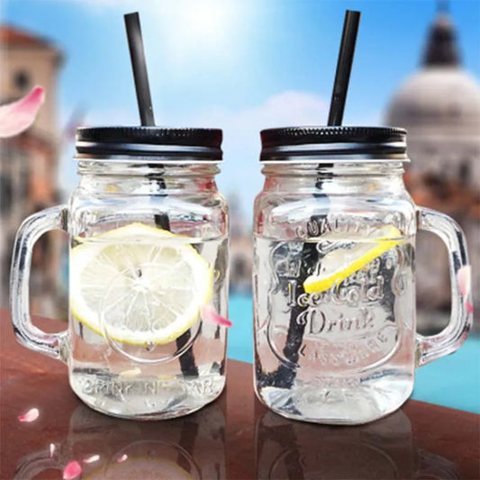 450ml Mason Jar Mugs with Handles Old Fashioned Glass Bottle Juice Drink Clear Glass Water Bottle With Cover Straw Drinkware Cup