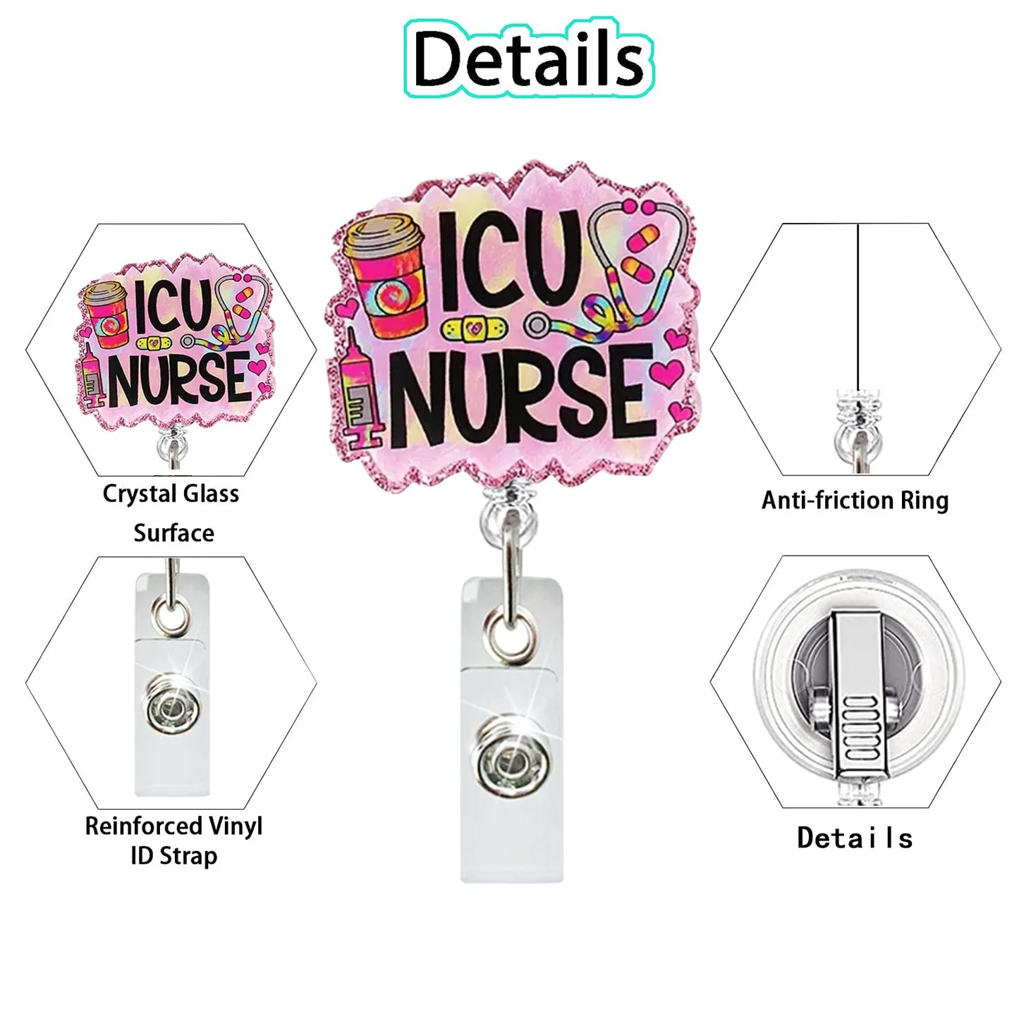 New Glitter Acrylic Medicine Doctor Nurse Badge Reel Retractable Id Badge Holder With 360 Rotating Alligator Clip Name Holder