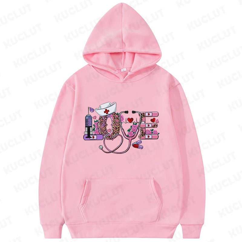 New Women Hoodies Pullover Oversize Valentines Day Love Nurse Print Hoodies Casual Long Sleeve Women Sweatshirts Nurse Gifts