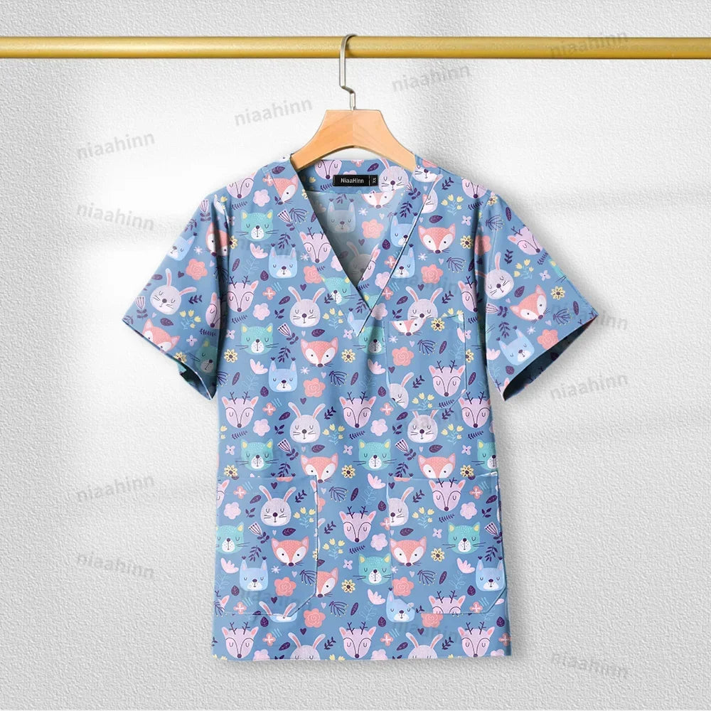 Cotton Printed Medical Uniforms Nurse Accessories for Work Doctor's Surgical Scrub Cartoon Pattern Short Sleeved Shirt Women Men