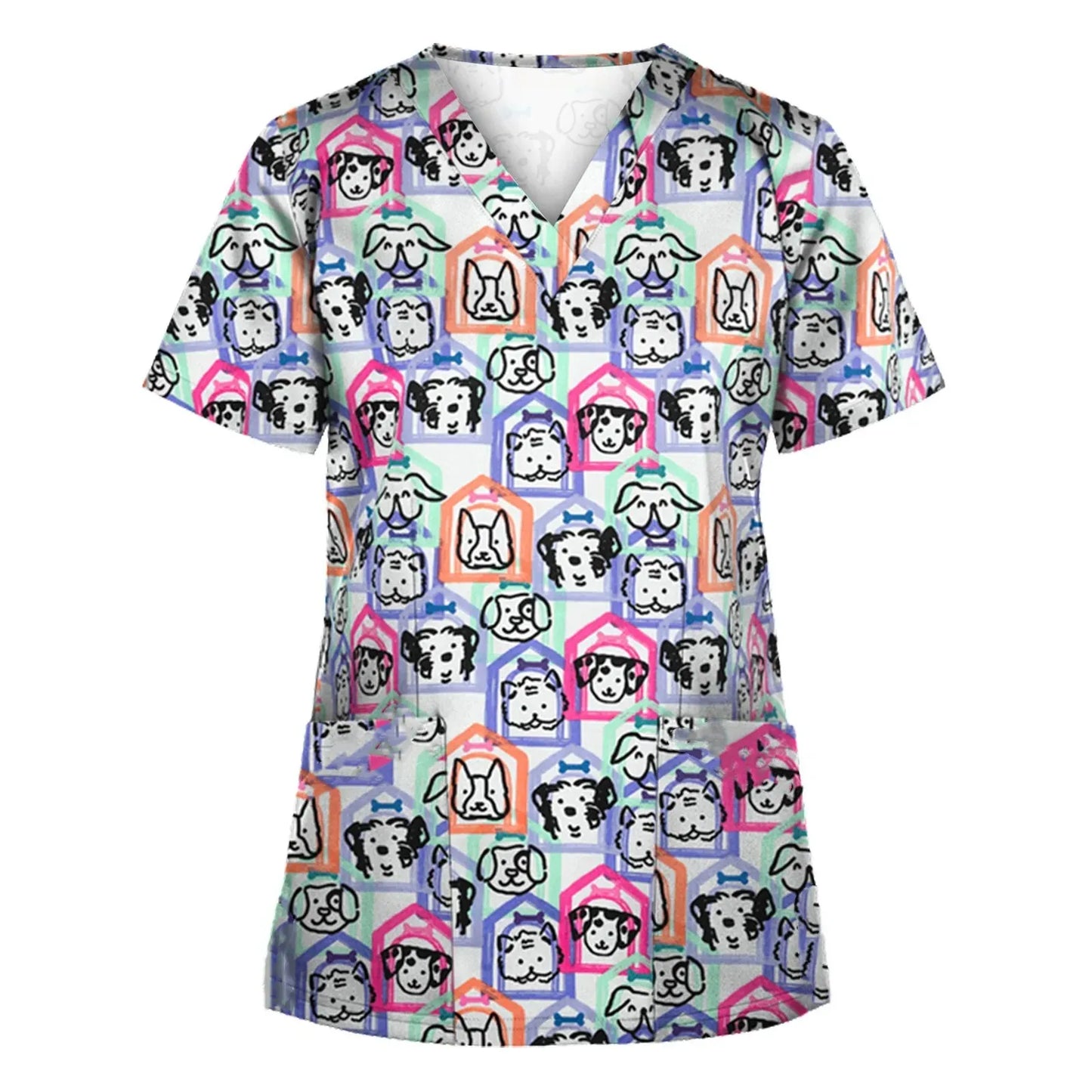 Surgical Uniforms Woman Scrub V-Neck Short Sleeves Tops Women's Medical Uniforms Vet Clinical Uniforms Cute Puppy Cartoon Print