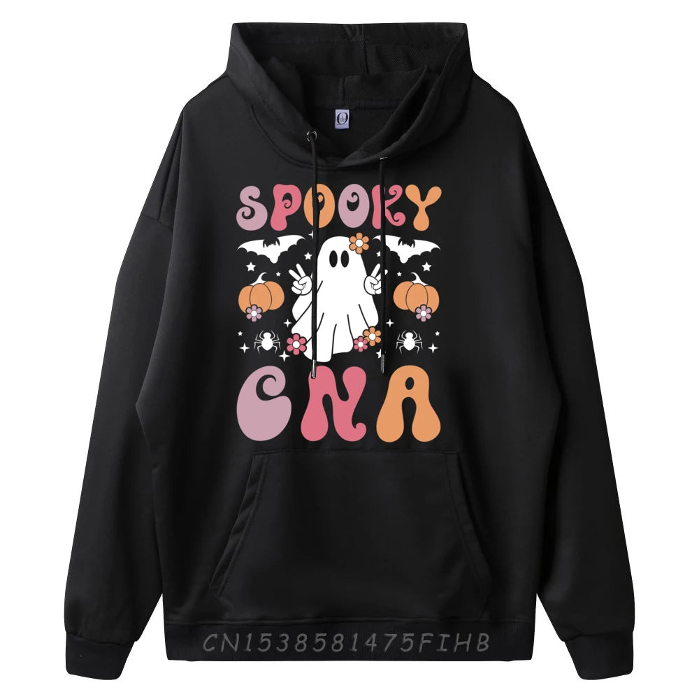 Spooky Certified Nursing Assistant Halloween Graphic Pullover Hoodies Polyester Fiber Pullover Hoodies For Man Tops Tees Normal