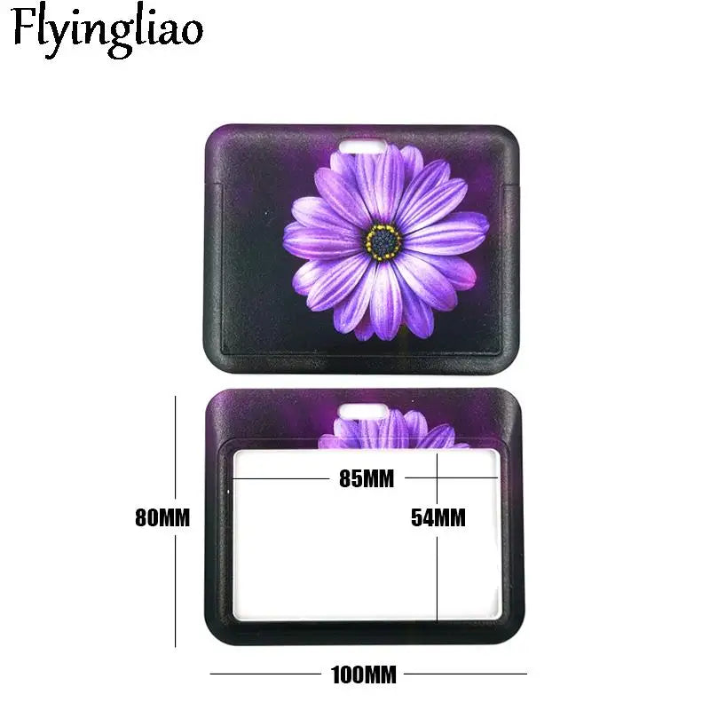 Purple Flowers Cute Card Cover Clip Lanyard Retractable Student Nurse Badge Reel Clip Cartoon ID Card Holder