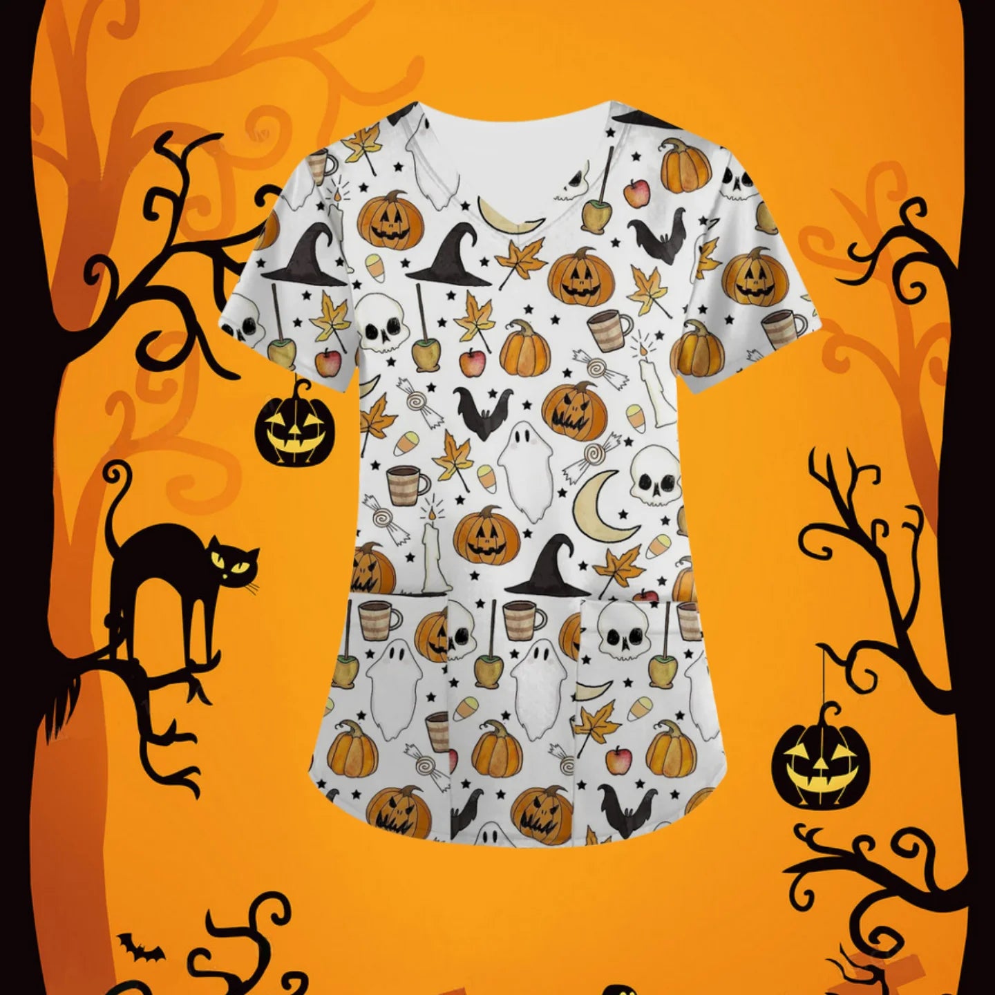 Halloween Scrubs Medical Uniform Scary Pumpkin Head Print Curable Medical Tops V-Neck Short Sleeve with Pocket Medical Clothes