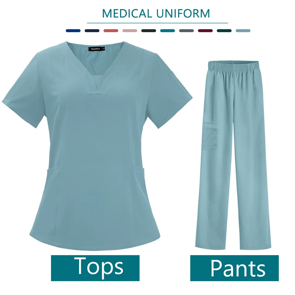 Nurse Medical Uniform High Quality Pet Grooming Care Workwear Set Scrubs Operating Room Surgical Gown Short Sleeve Elastic Pants