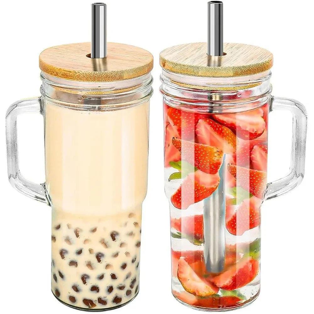 2pcs 22oz Glass Cup with Wooden Lid Bubble Tea Cold Drinking Coffee Wine Juice Transparent Straw Car Mug Drinkware Water Bottle