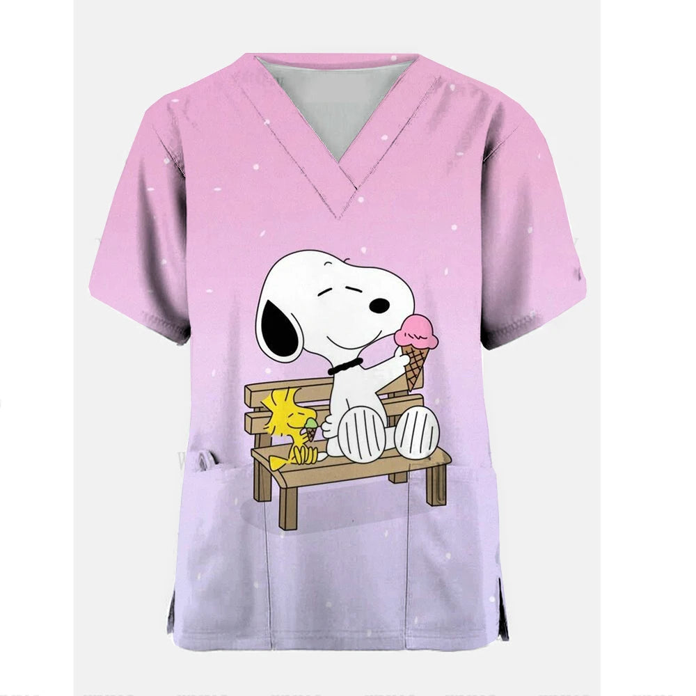 Nurse Uniform Women Short Sleeve Snoopy  print Working Uniform Pocket Blouse Scrubs Tops Nursing Medical Uniforms Accessories