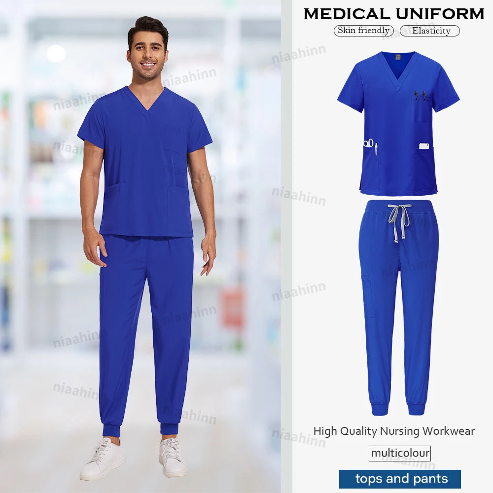 Niaahinn Medical Scrubs Uniform Nursing Articles Surgical Uniforms Woman V-neck Short Sleeved Tops Joggers Pants Sets Mens Scrub