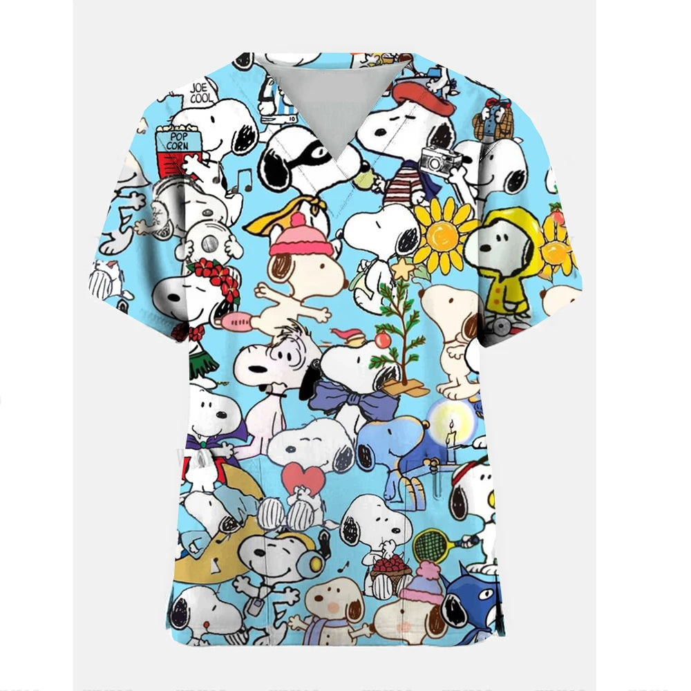 Nurse Uniform Women Short Sleeve Snoopy  print Working Uniform Pocket Blouse Scrubs Tops Nursing Medical Uniforms Accessories