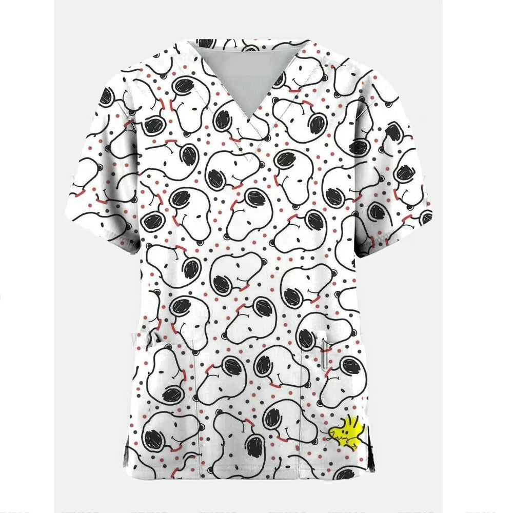 Nurse Uniform Women Short Sleeve Snoopy  print Working Uniform Pocket Blouse Scrubs Tops Nursing Medical Uniforms Accessories