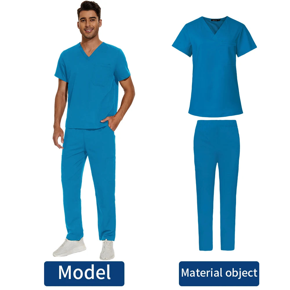 Short Sleeve Mens Scrub Uniforms Doctor Overcoats Dentist Set Medical Tops Pants Man or Women Nurse Work Wear Lab Pharmacy Gown