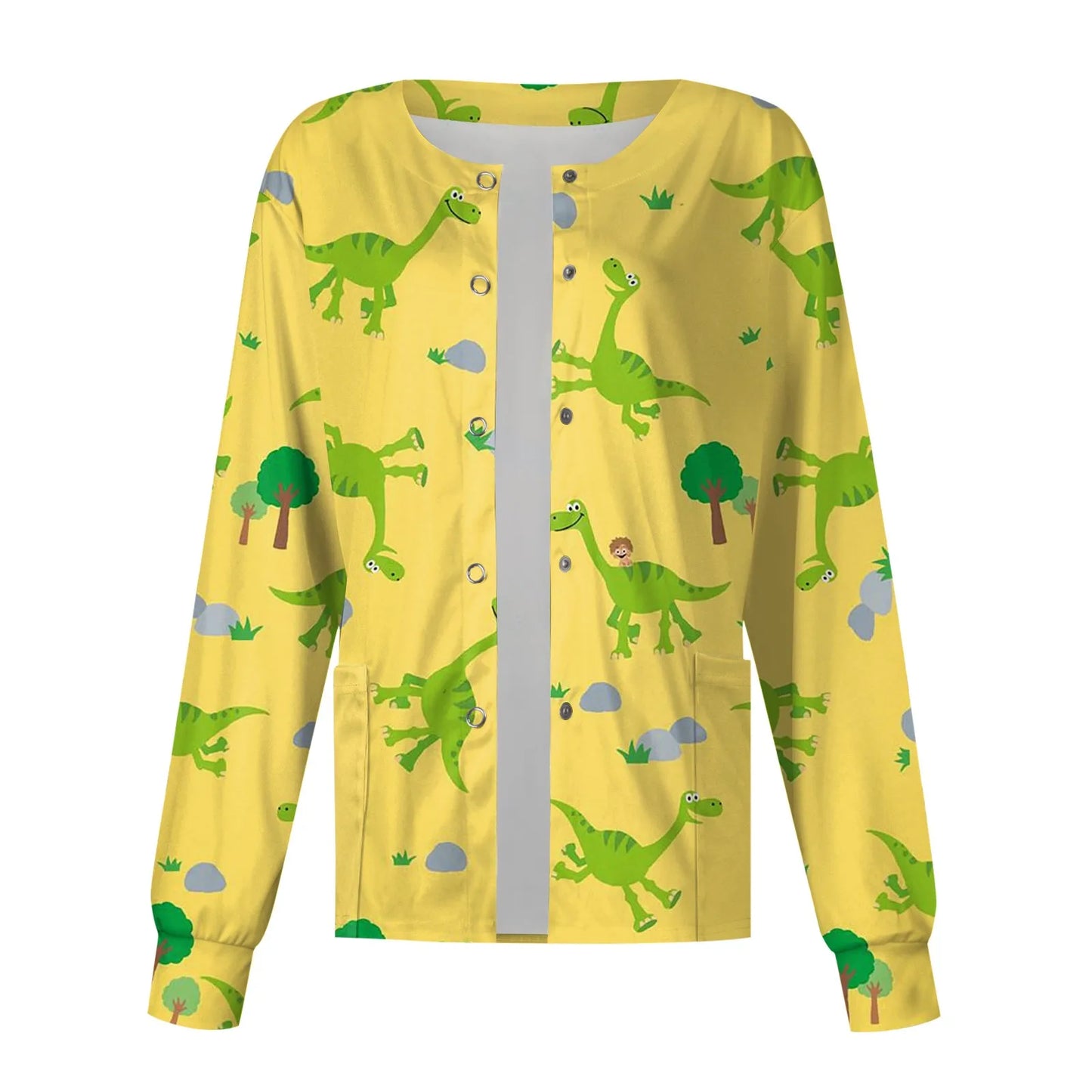 Scrub Top Spring Fall Stitch Spa Nurse Uniform Cute Dinosaur Print Coat Women Long Sleeve Clinic Scrub Jacket Uniform Nurse Top