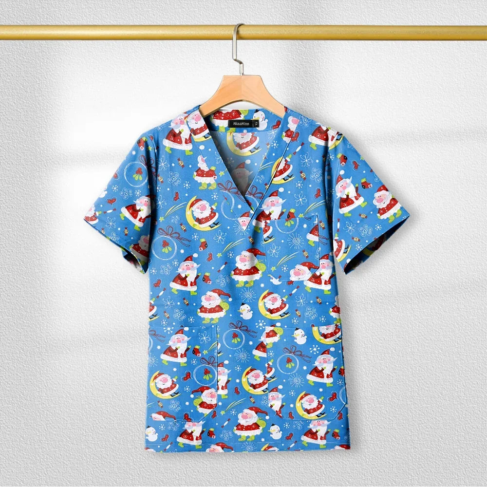 Cotton Printed Medical Uniforms Nurse Accessories for Work Doctor's Surgical Scrub Cartoon Pattern Short Sleeved Shirt Women Men