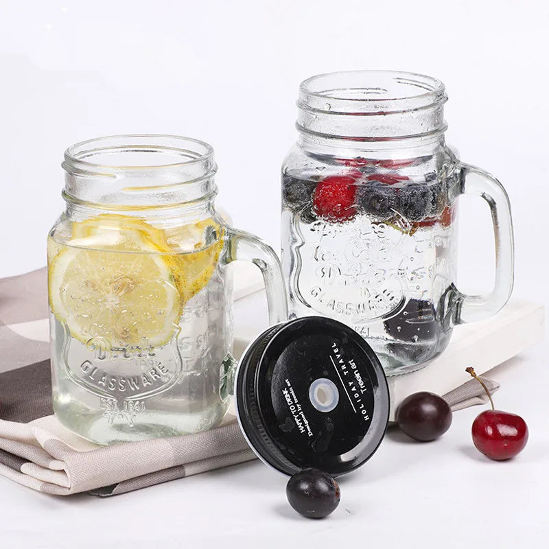 450ml Mason Jar Mugs with Handles Old Fashioned Glass Bottle Juice Drink Clear Glass Water Bottle With Cover Straw Drinkware Cup