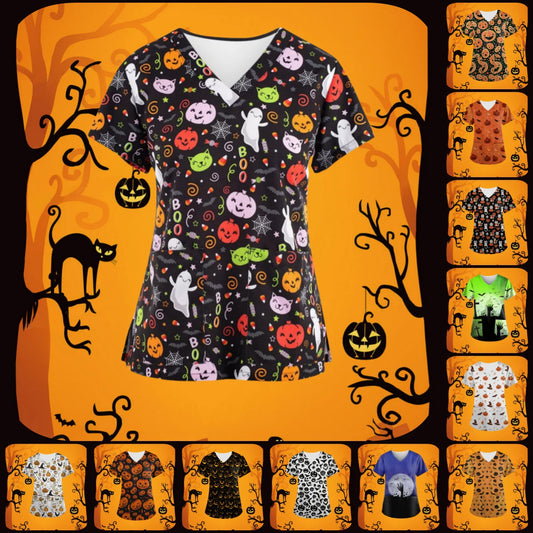 Halloween Scrubs Medical Uniform Scary Pumpkin Head Print Curable Medical Tops V-Neck Short Sleeve with Pocket Medical Clothes