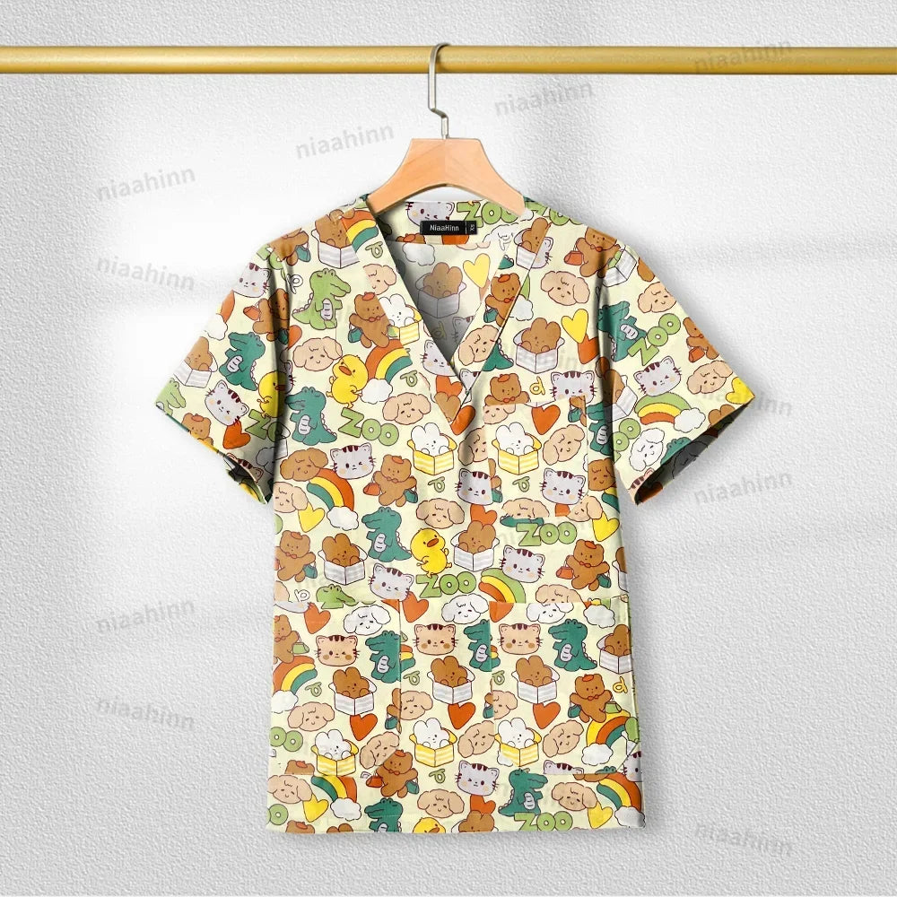 Cotton Printed Medical Uniforms Nurse Accessories for Work Doctor's Surgical Scrub Cartoon Pattern Short Sleeved Shirt Women Men