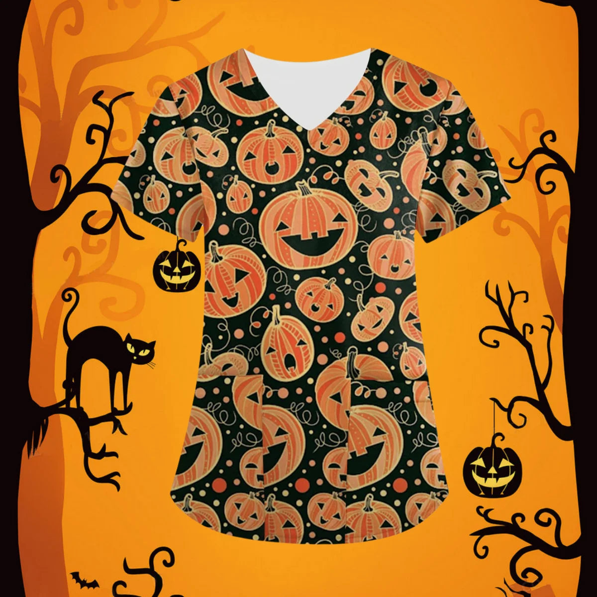 Halloween Scrubs Medical Uniform Scary Pumpkin Head Print Curable Medical Tops V-Neck Short Sleeve with Pocket Medical Clothes