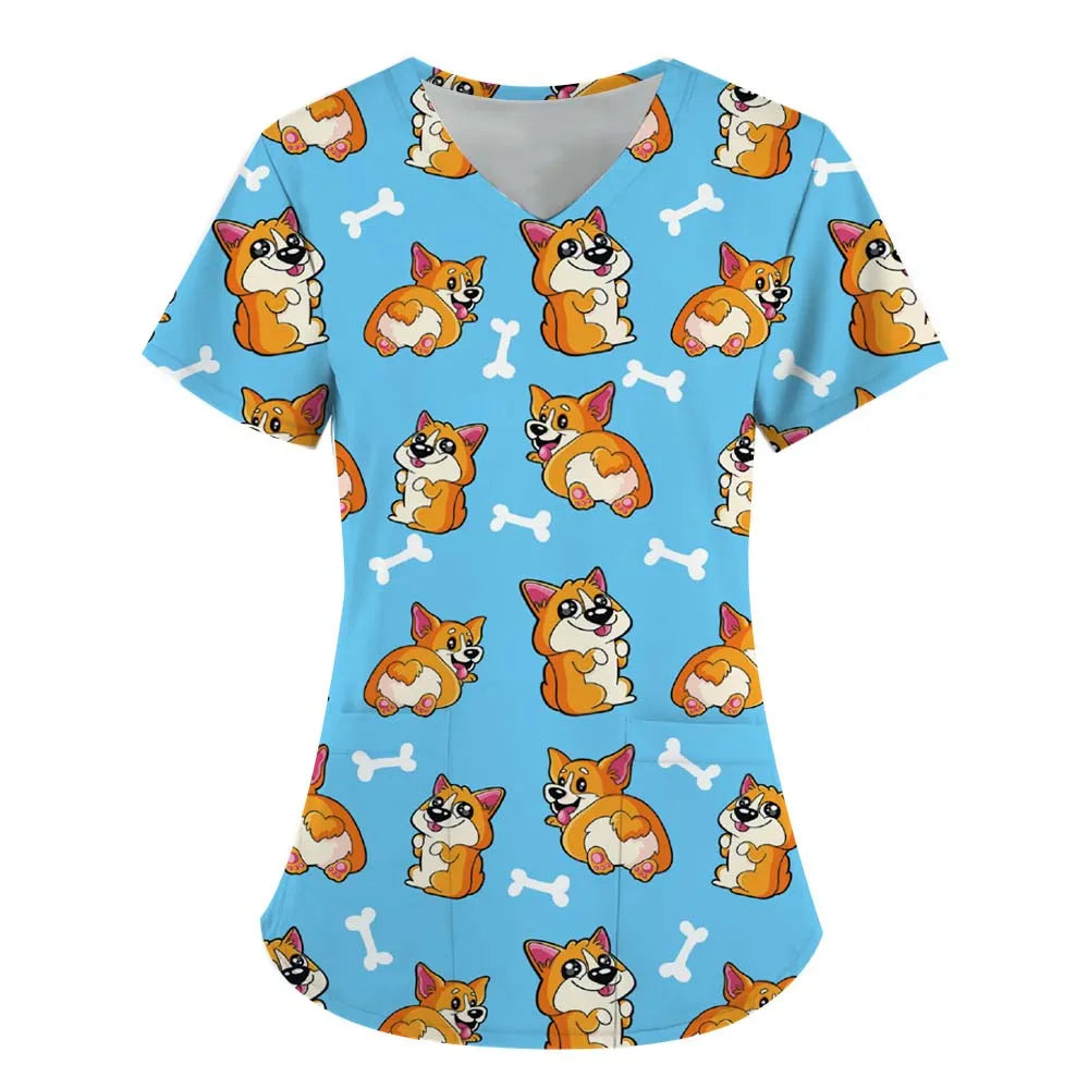 Surgical Uniforms Woman Scrub V-Neck Short Sleeves Tops Women's Medical Uniforms Vet Clinical Uniforms Cute Puppy Cartoon Print