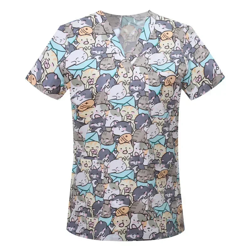 Cartoon Animals Print Pet Clinic Hospital Nursing Scrub Tops Shirts cotton Dentistry Doctor Blouse Medical Surgical Uniforms